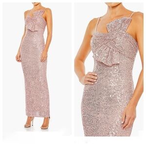 NEW Mac Duggal Sequin Column Gown Faux Bow Light Rose Pink Formal Dress Size16
